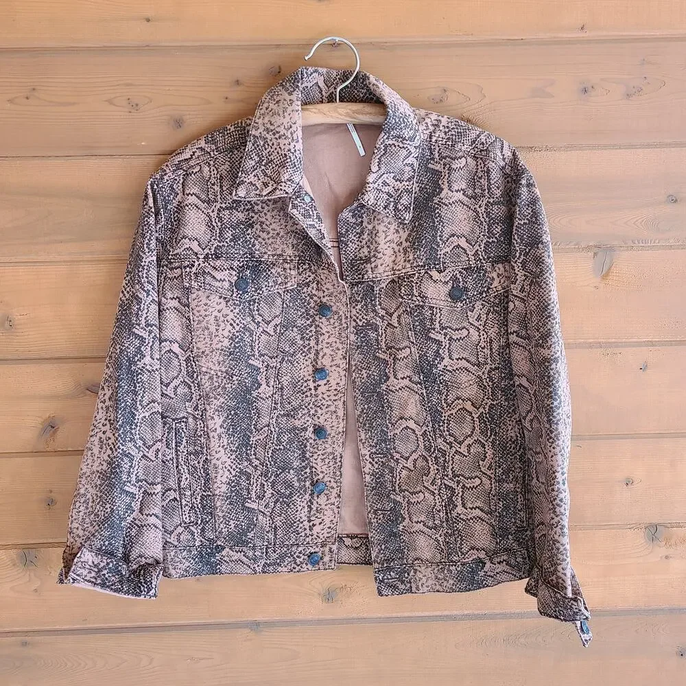 Free People Snake Trucker Jacket Brown Python Jean Denim NWOT S Boho Western